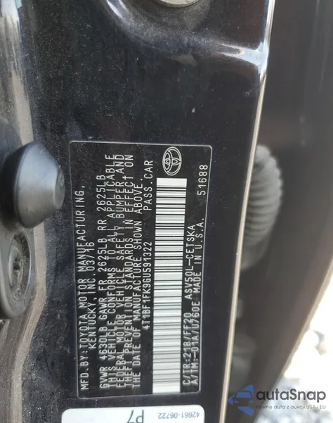 2016 Toyota Camry Le z USA, uszkodzony, nr VIN 4T1BF1FK9GU591322